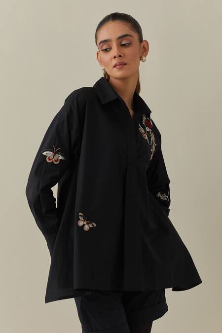 Buy Bunka Black 100% Cotton Poplin Embroidery 3d Floral Collared Neck Nina Shirt Online at Aza Fashions Buy_Bunka_Black 100% Cotton Poplin Embroidery 3d Floral Collared Neck Nina Shirt _Online_at_Aza_Fashions