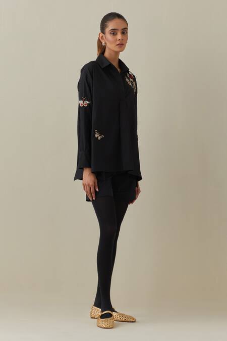 Shop Bunka Black 100% Cotton Poplin Embroidery 3d Floral Collared Neck Nina Shirt Online at Aza Fashions Shop_Bunka_Black 100% Cotton Poplin Embroidery 3d Floral Collared Neck Nina Shirt _Online_at_Aza_Fashions