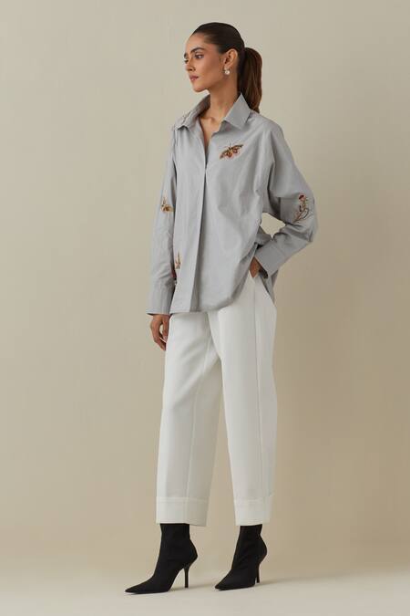 Bunka_Grey 100% Cotton Poplin Embroidery 3d Floral Collared Nisha Butterfly Shirt _Online_at_Aza_Fashions