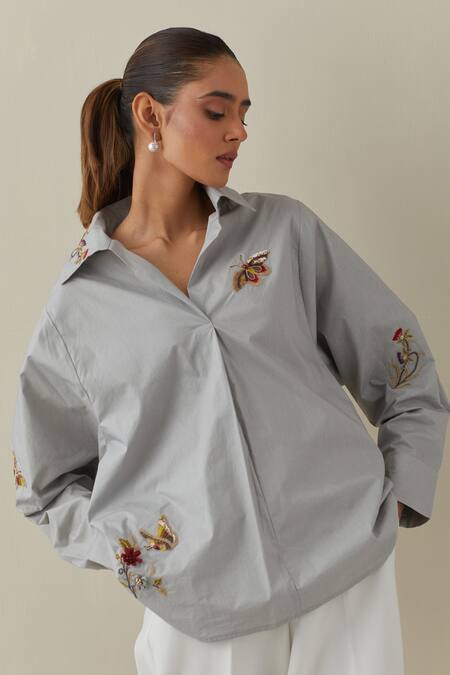 Bunka_Grey 100% Cotton Poplin Embroidery 3d Floral Collared Nisha Butterfly Shirt _at_Aza_Fashions