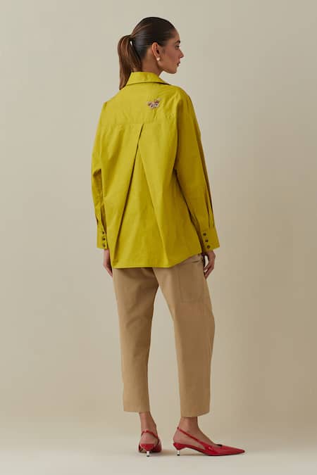 Shop Bunka Yellow 100% Cotton Poplin Embroidery 3d Floral Collared Nisha Butterfly Shirt at Aza Fashions Shop_Bunka_Yellow 100% Cotton Poplin Embroidery 3d Floral Collared Nisha Butterfly Shirt _at_Aza_Fashions