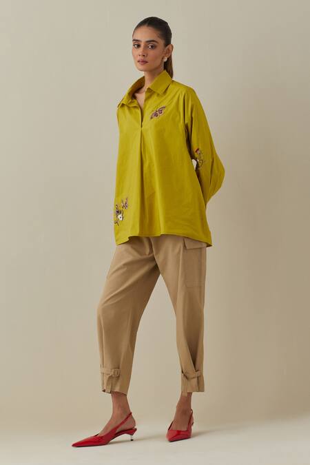 Bunka Yellow 100% Cotton Poplin Embroidery 3d Floral Collared Nisha Butterfly Shirt Online at Aza Fashions Bunka_Yellow 100% Cotton Poplin Embroidery 3d Floral Collared Nisha Butterfly Shirt _Online_at_Aza_Fashions