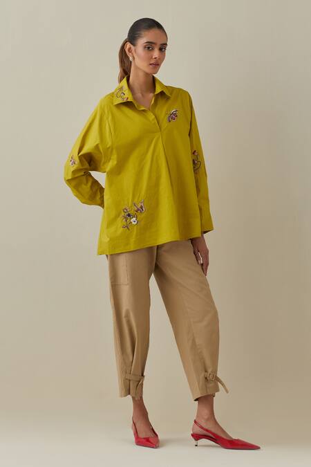 Buy Bunka Yellow 100% Cotton Poplin Embroidery 3d Floral Collared Nisha Butterfly Shirt Online at Aza Fashions Buy_Bunka_Yellow 100% Cotton Poplin Embroidery 3d Floral Collared Nisha Butterfly Shirt _Online_at_Aza_Fashions