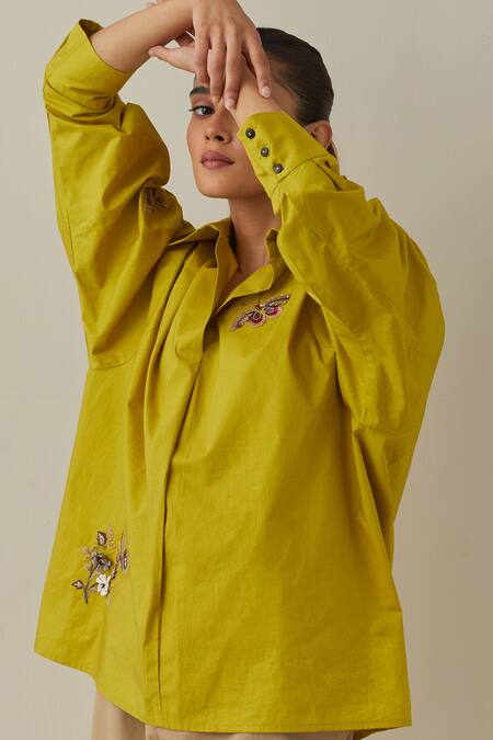 Shop Bunka Yellow 100% Cotton Poplin Embroidery 3d Floral Collared Nisha Butterfly Shirt Online at Aza Fashions Shop_Bunka_Yellow 100% Cotton Poplin Embroidery 3d Floral Collared Nisha Butterfly Shirt _Online_at_Aza_Fashions