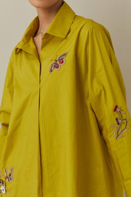Bunka Yellow 100% Cotton Poplin Embroidery 3d Floral Collared Nisha Butterfly Shirt at Aza Fashions Bunka_Yellow 100% Cotton Poplin Embroidery 3d Floral Collared Nisha Butterfly Shirt _at_Aza_Fashions