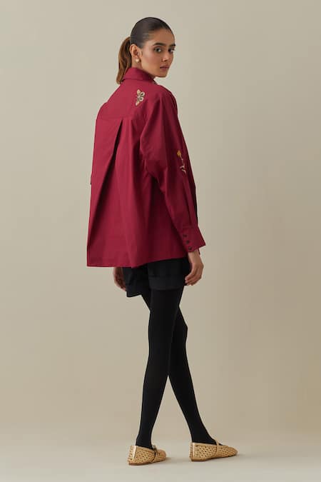 Shop Bunka Red 100% Cotton Poplin Embroidery 3d Floral Collared Neck Nisha Shirt at Aza Fashions Shop_Bunka_Red 100% Cotton Poplin Embroidery 3d Floral Collared Neck Nisha Shirt _at_Aza_Fashions