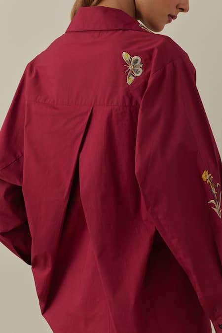 Bunka Red 100% Cotton Poplin Embroidery 3d Floral Collared Neck Nisha Shirt Online at Aza Fashions Bunka_Red 100% Cotton Poplin Embroidery 3d Floral Collared Neck Nisha Shirt _Online_at_Aza_Fashions