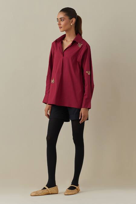 Buy Bunka Red 100% Cotton Poplin Embroidery 3d Floral Collared Neck Nisha Shirt Online at Aza Fashions Buy_Bunka_Red 100% Cotton Poplin Embroidery 3d Floral Collared Neck Nisha Shirt _Online_at_Aza_Fashions