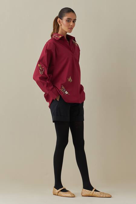Shop Bunka Red 100% Cotton Poplin Embroidery 3d Floral Collared Neck Nisha Shirt Online at Aza Fashions Shop_Bunka_Red 100% Cotton Poplin Embroidery 3d Floral Collared Neck Nisha Shirt _Online_at_Aza_Fashions