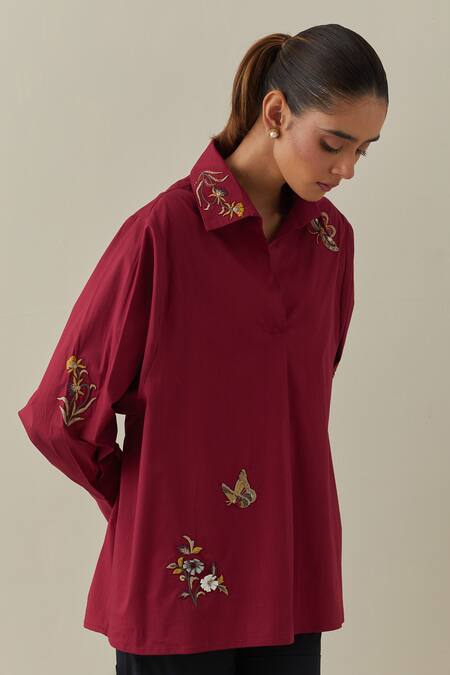 Bunka Red 100% Cotton Poplin Embroidery 3d Floral Collared Neck Nisha Shirt at Aza Fashions Bunka_Red 100% Cotton Poplin Embroidery 3d Floral Collared Neck Nisha Shirt _at_Aza_Fashions