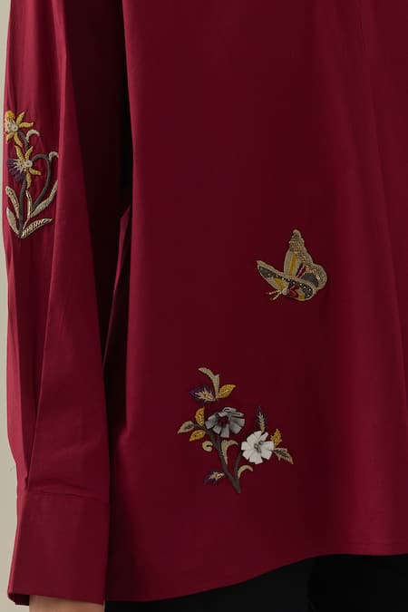 Buy Bunka Red 100% Cotton Poplin Embroidery 3d Floral Collared Neck Nisha Shirt Buy_Bunka_Red 100% Cotton Poplin Embroidery 3d Floral Collared Neck Nisha Shirt