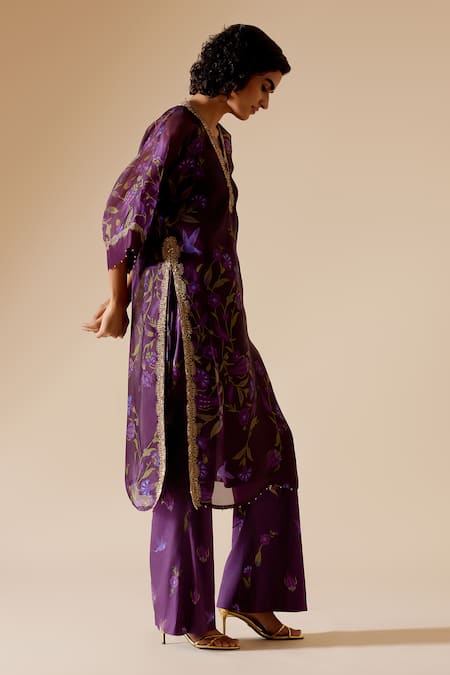 Shop Bunka Purple Organza Embroidery, Zari, Sitara Floral Bloom Print Kurta With Pant at Aza Fashions Shop_Bunka_Purple Organza Embroidery, Zari, Sitara Floral Bloom Print Kurta With Pant _at_Aza_Fashions
