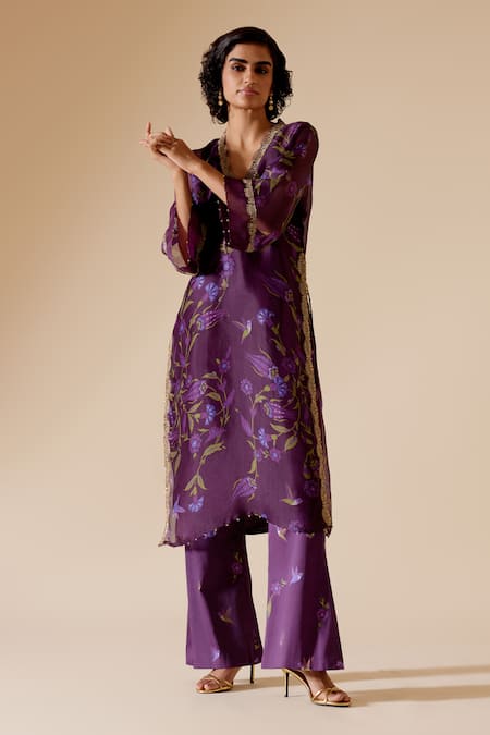 Bunka Purple Organza Embroidery, Zari, Sitara Floral Bloom Print Kurta With Pant Online at Aza Fashions Bunka_Purple Organza Embroidery, Zari, Sitara Floral Bloom Print Kurta With Pant _Online_at_Aza_Fashions