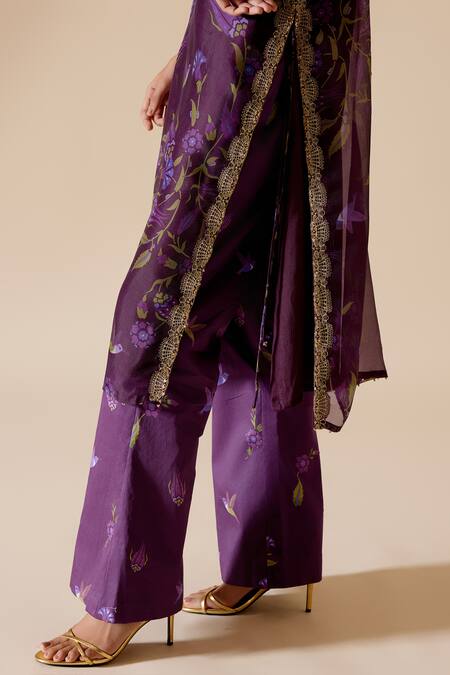 Buy Bunka Purple Organza Embroidery, Zari, Sitara Floral Bloom Print Kurta With Pant Online at Aza Fashions Buy_Bunka_Purple Organza Embroidery, Zari, Sitara Floral Bloom Print Kurta With Pant _Online_at_Aza_Fashions