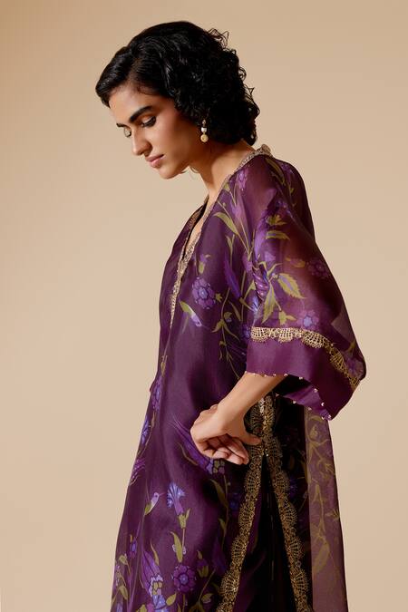 Shop Bunka Purple Organza Embroidery, Zari, Sitara Floral Bloom Print Kurta With Pant Online at Aza Fashions Shop_Bunka_Purple Organza Embroidery, Zari, Sitara Floral Bloom Print Kurta With Pant _Online_at_Aza_Fashions