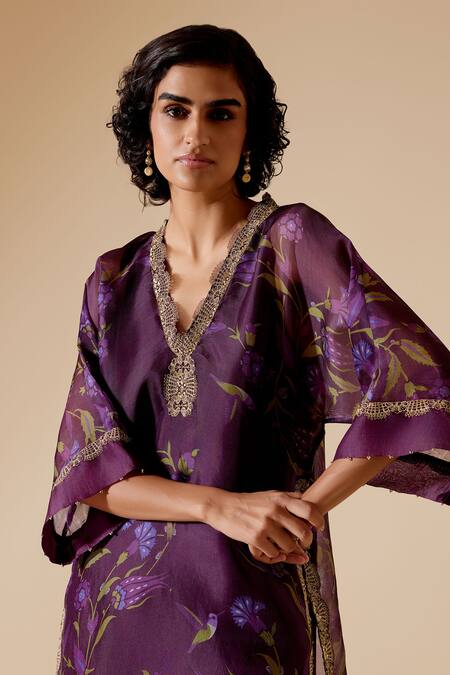 Bunka Purple Organza Embroidery, Zari, Sitara Floral Bloom Print Kurta With Pant at Aza Fashions Bunka_Purple Organza Embroidery, Zari, Sitara Floral Bloom Print Kurta With Pant _at_Aza_Fashions
