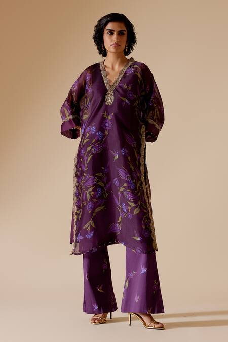 Shop_Bunka_Purple Cotton Satin Print Floral Sitara Bloom Pant_at_Aza_Fashions