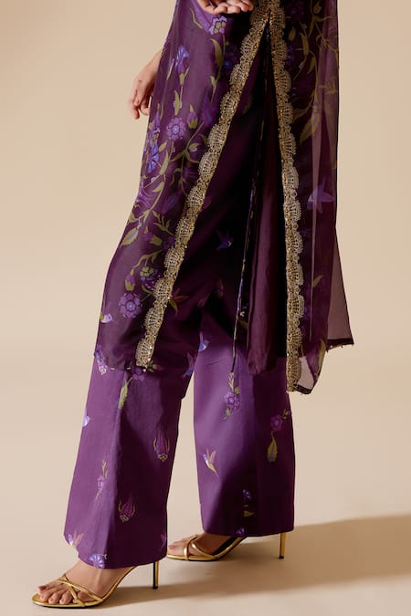 Bunka_Purple Cotton Satin Print Floral Sitara Bloom Pant_Online_at_Aza_Fashions