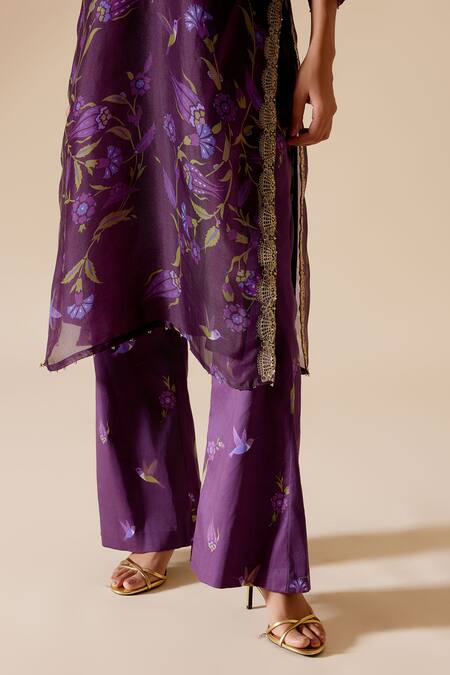 Buy_Bunka_Purple Cotton Satin Print Floral Sitara Bloom Pant_Online_at_Aza_Fashions