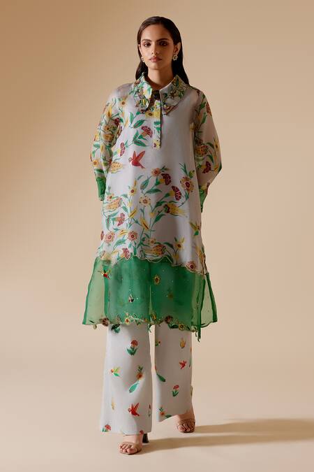 Bunka Grey Organza, Cotton Sequins, Beads, Tara Floral Print Kurta With Pant Online at Aza Fashions Bunka_Grey Organza, Cotton Sequins, Beads, Tara Floral Print Kurta With Pant _Online_at_Aza_Fashions
