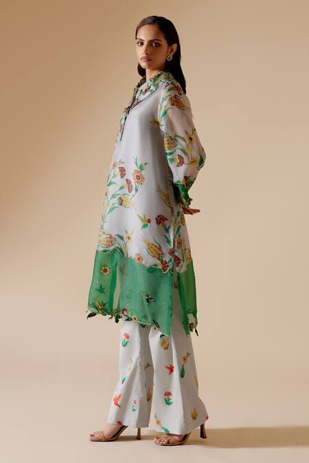 Buy Bunka Grey Organza, Cotton Sequins, Beads, Tara Floral Print Kurta With Pant Online at Aza Fashions Buy_Bunka_Grey Organza, Cotton Sequins, Beads, Tara Floral Print Kurta With Pant _Online_at_Aza_Fashions