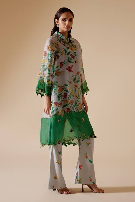 Shop Bunka Grey Organza, Cotton Sequins, Beads, Tara Floral Print Kurta With Pant Online at Aza Fashions Shop_Bunka_Grey Organza, Cotton Sequins, Beads, Tara Floral Print Kurta With Pant _Online_at_Aza_Fashions