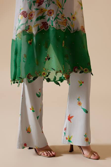 Bunka Grey Organza, Cotton Sequins, Beads, Tara Floral Print Kurta With Pant at Aza Fashions Bunka_Grey Organza, Cotton Sequins, Beads, Tara Floral Print Kurta With Pant _at_Aza_Fashions