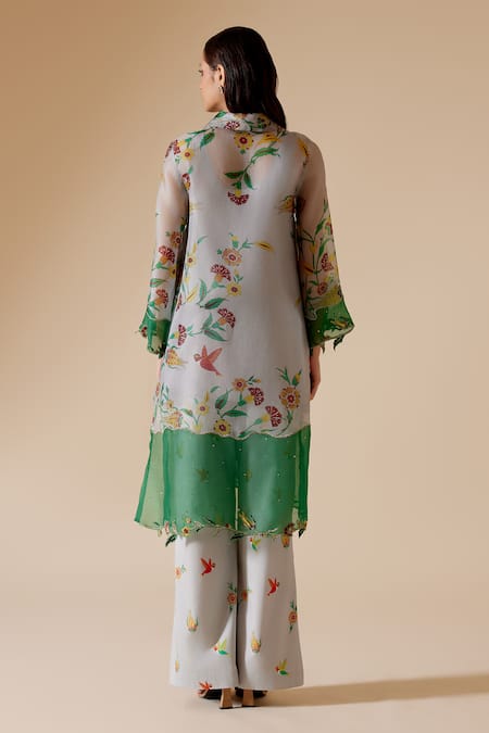 Shop Bunka Grey Cotton Satin Print Floral Tara Pant at Aza Fashions Shop_Bunka_Grey Cotton Satin Print Floral Tara Pant _at_Aza_Fashions