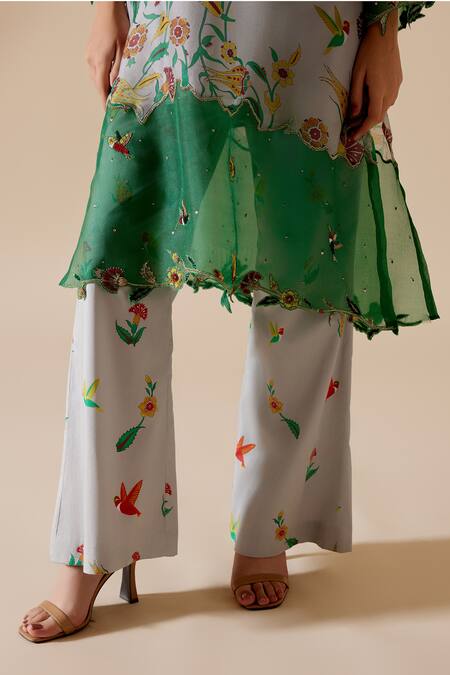 Shop Bunka Grey Cotton Satin Print Floral Tara Pant Online at Aza Fashions Shop_Bunka_Grey Cotton Satin Print Floral Tara Pant _Online_at_Aza_Fashions