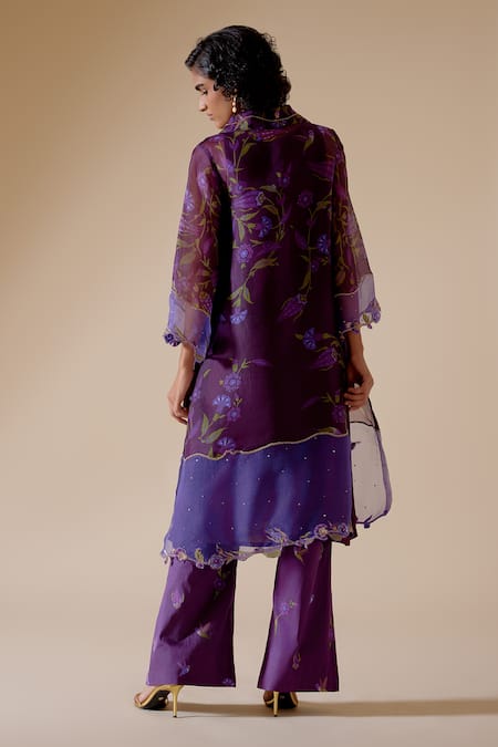 Shop Bunka Purple Organza Beads, Sequins Collared Tara Floral Bloom Print Kurta With Pant at Aza Fashions Shop_Bunka_Purple Organza Beads, Sequins Collared Tara Floral Bloom Print Kurta With Pant _at_Aza_Fashions