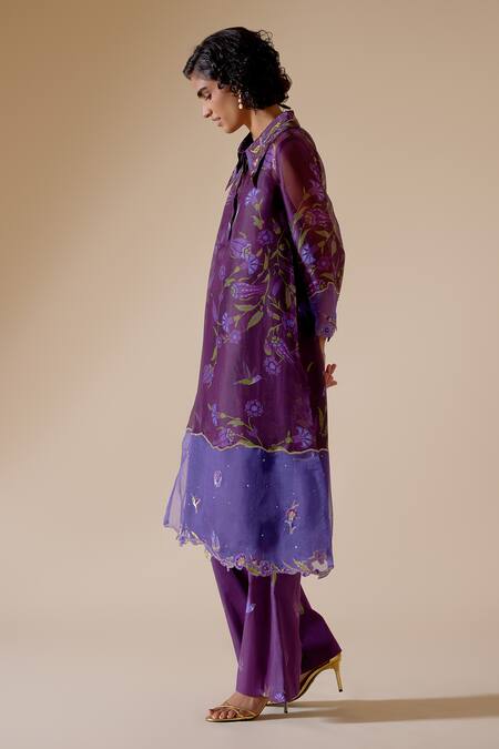 Bunka Purple Organza Beads, Sequins Collared Tara Floral Bloom Print Kurta With Pant Online at Aza Fashions Bunka_Purple Organza Beads, Sequins Collared Tara Floral Bloom Print Kurta With Pant _Online_at_Aza_Fashions
