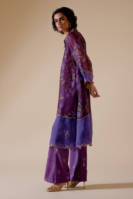 Buy Bunka Purple Organza Beads, Sequins Collared Tara Floral Bloom Print Kurta With Pant Online at Aza Fashions Buy_Bunka_Purple Organza Beads, Sequins Collared Tara Floral Bloom Print Kurta With Pant _Online_at_Aza_Fashions