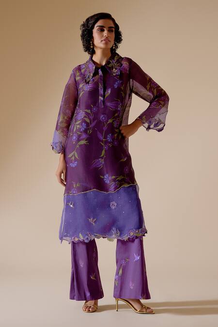 Shop Bunka Purple Organza Beads, Sequins Collared Tara Floral Bloom Print Kurta With Pant Online at Aza Fashions Shop_Bunka_Purple Organza Beads, Sequins Collared Tara Floral Bloom Print Kurta With Pant _Online_at_Aza_Fashions