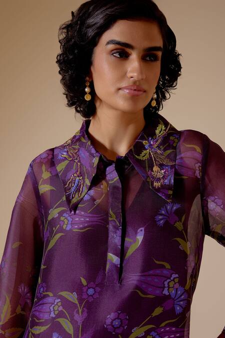 Bunka Purple Organza Beads, Sequins Collared Tara Floral Bloom Print Kurta With Pant at Aza Fashions Bunka_Purple Organza Beads, Sequins Collared Tara Floral Bloom Print Kurta With Pant _at_Aza_Fashions