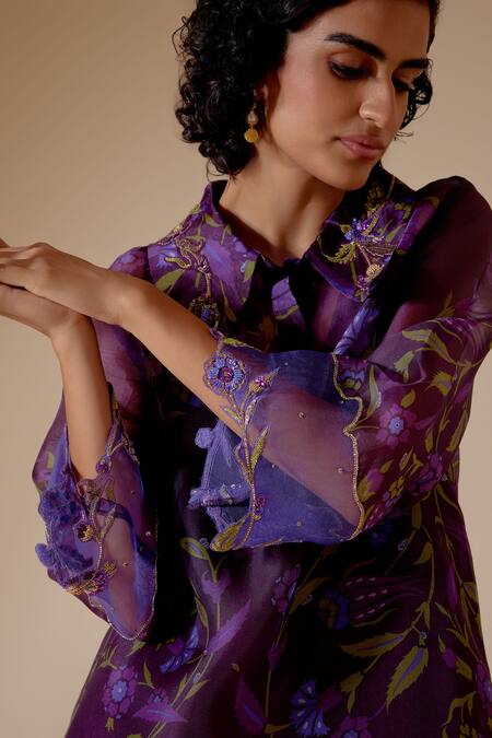 Buy Bunka Purple Organza Beads, Sequins Collared Tara Floral Bloom Print Kurta With Pant Buy_Bunka_Purple Organza Beads, Sequins Collared Tara Floral Bloom Print Kurta With Pant