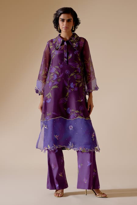 Bunka Purple Cotton Satin Print Floral Tara Bloom Pant Online at Aza Fashions Bunka_Purple Cotton Satin Print Floral Tara Bloom Pant _Online_at_Aza_Fashions