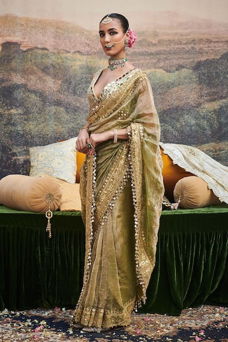 Shop_Itrh_Green Chanderi Silk, Tissue Gota Gaja Rachna Embroidered Saree With Blouse _at_Aza_Fashions
