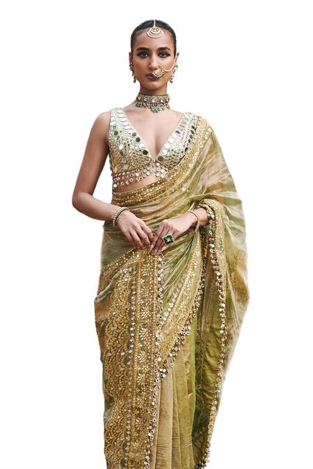 Itrh_Green Chanderi Silk, Tissue Gota Gaja Rachna Embroidered Saree With Blouse _Online_at_Aza_Fashions
