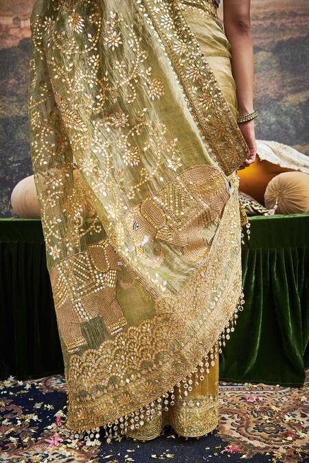Buy_Itrh_Green Chanderi Silk, Tissue Gota Gaja Rachna Embroidered Saree With Blouse _Online_at_Aza_Fashions