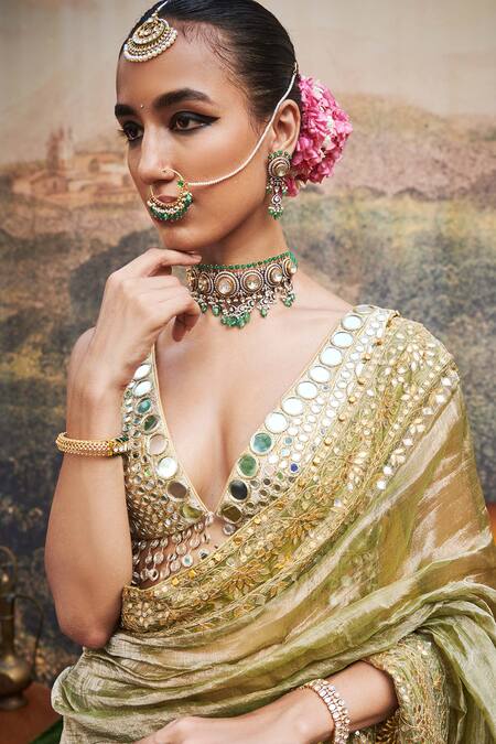 Shop_Itrh_Green Chanderi Silk, Tissue Gota Gaja Rachna Embroidered Saree With Blouse _Online_at_Aza_Fashions