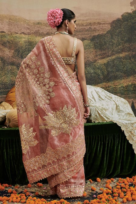 Shop_Itrh_Red Lace, Chanderi Silk, Mayur Shilp Embroidered Mirrorwork Saree With Blouse _at_Aza_Fashions