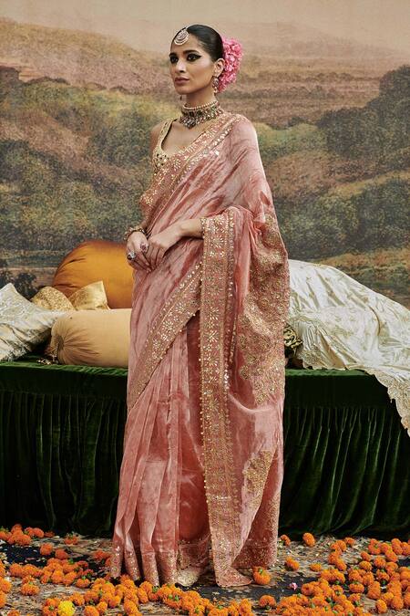 Itrh_Red Lace, Chanderi Silk, Mayur Shilp Embroidered Mirrorwork Saree With Blouse _Online_at_Aza_Fashions