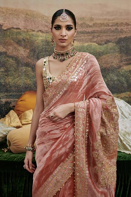 Buy_Itrh_Red Lace, Chanderi Silk, Mayur Shilp Embroidered Mirrorwork Saree With Blouse _Online_at_Aza_Fashions