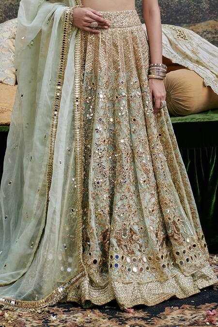 Itrh Green Chanderi, Noor Jahan Floral Vine Gota Patti Embroidered Bridal Lehenga Set Online at Aza Fashions Itrh_Green Chanderi, Noor Jahan Floral Vine Gota Patti Embroidered Bridal Lehenga Set _Online_at_Aza_Fashions