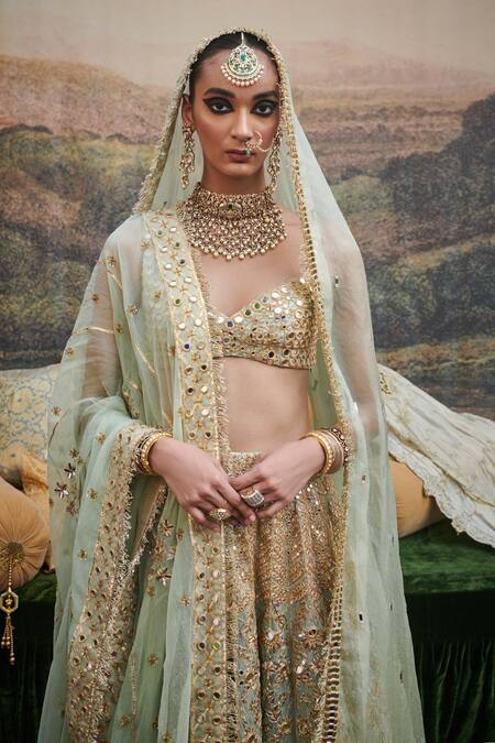 Buy Itrh Green Chanderi, Noor Jahan Floral Vine Gota Patti Embroidered Bridal Lehenga Set Online at Aza Fashions Buy_Itrh_Green Chanderi, Noor Jahan Floral Vine Gota Patti Embroidered Bridal Lehenga Set _Online_at_Aza_Fashions