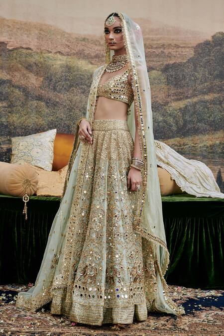 Shop Itrh Green Chanderi, Noor Jahan Floral Vine Gota Patti Embroidered Bridal Lehenga Set Online at Aza Fashions Shop_Itrh_Green Chanderi, Noor Jahan Floral Vine Gota Patti Embroidered Bridal Lehenga Set _Online_at_Aza_Fashions