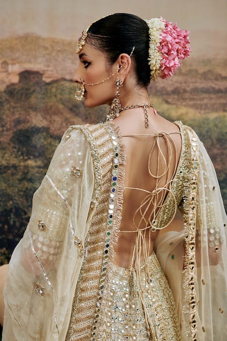 Shop Itrh Ivory Organza, Chanderi Shvet Afsana Gota Patti Embroidered Bridal Lehenga Set at Aza Fashions Shop_Itrh_Ivory Organza, Chanderi Shvet Afsana Gota Patti Embroidered Bridal Lehenga Set _at_Aza_Fashions