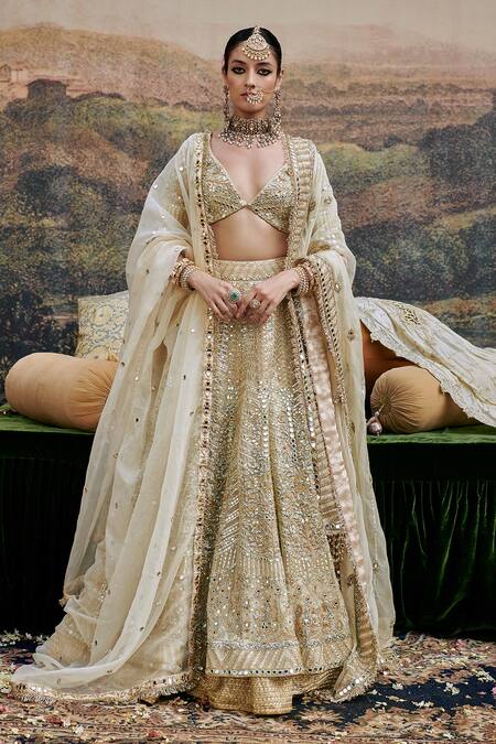 Itrh Ivory Organza, Chanderi Shvet Afsana Gota Patti Embroidered Bridal Lehenga Set Online at Aza Fashions Itrh_Ivory Organza, Chanderi Shvet Afsana Gota Patti Embroidered Bridal Lehenga Set _Online_at_Aza_Fashions