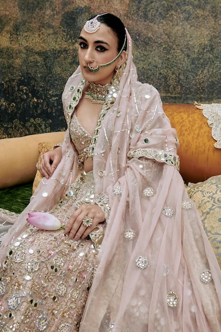 Shop Itrh Pink Rang De Gulaab Floral Vine Embroidered Mirrorwork Bridal Lehenga Set Online at Aza Fashions Shop_Itrh_Pink Rang De Gulaab Floral Vine Embroidered Mirrorwork Bridal Lehenga Set _Online_at_Aza_Fashions