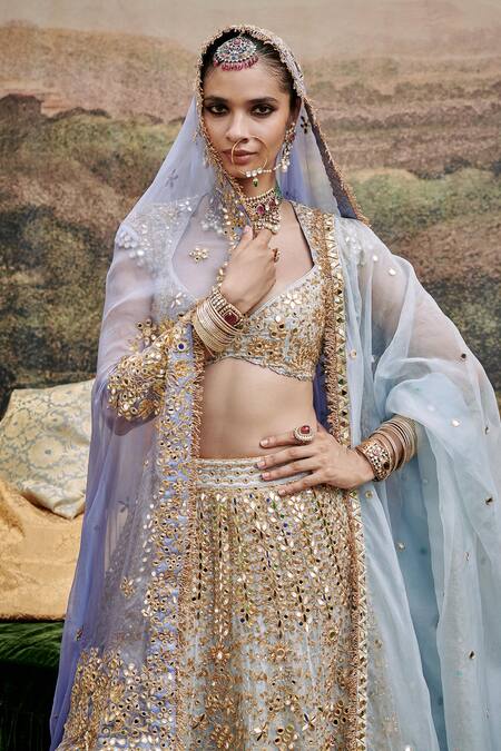 Itrh_Blue Brocade, Khwab Sitara Zari Embroidered Floral Pattern Bridal Lehenga Set _Online_at_Aza_Fashions